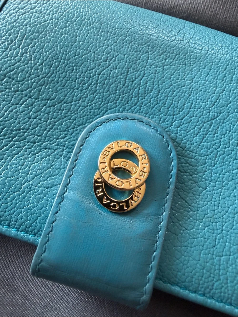 BVLGARI Turquoise Leather Kisslock Wallet with Gold Logo